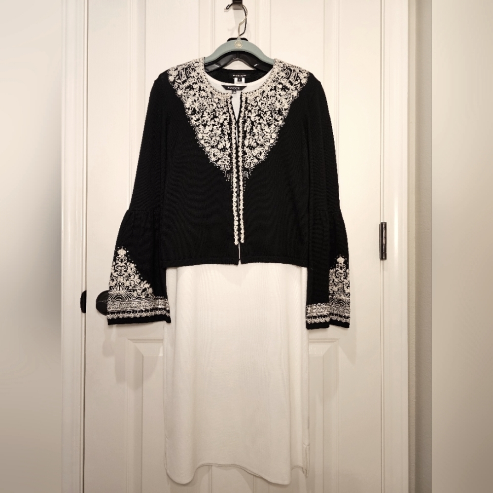 Nanette Lepore Embroidered Cardigan (M) with White Misook Dress (S)